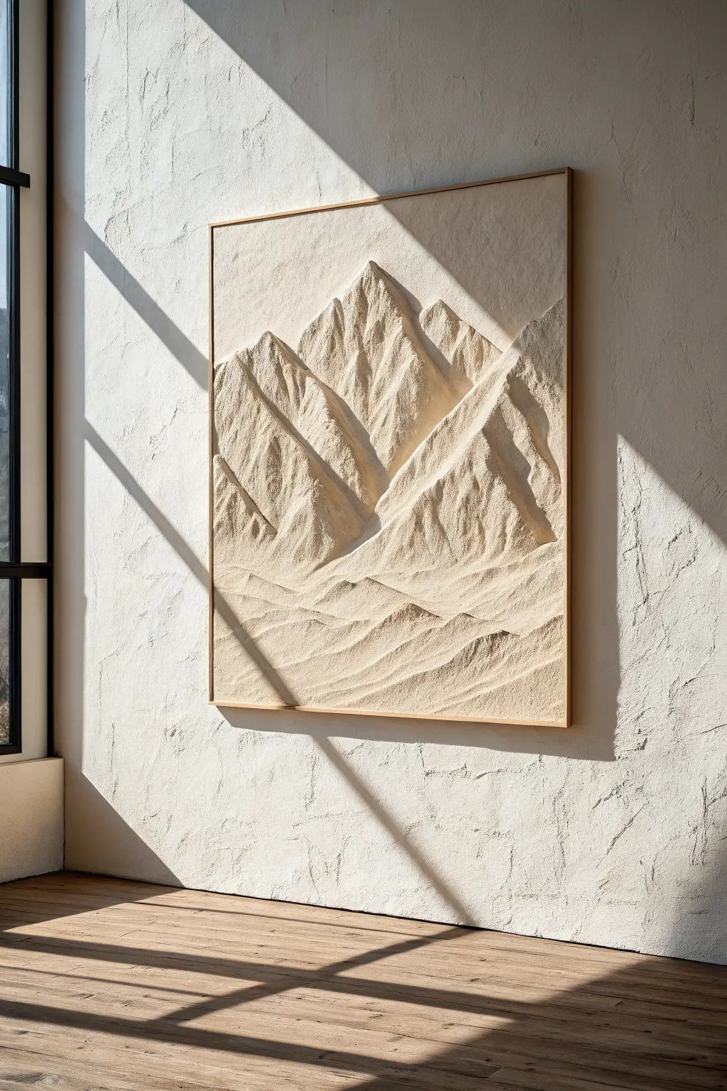 Sculpted mountain range texture art in soft neutrals, crisp shadows, minimalist boho calm.