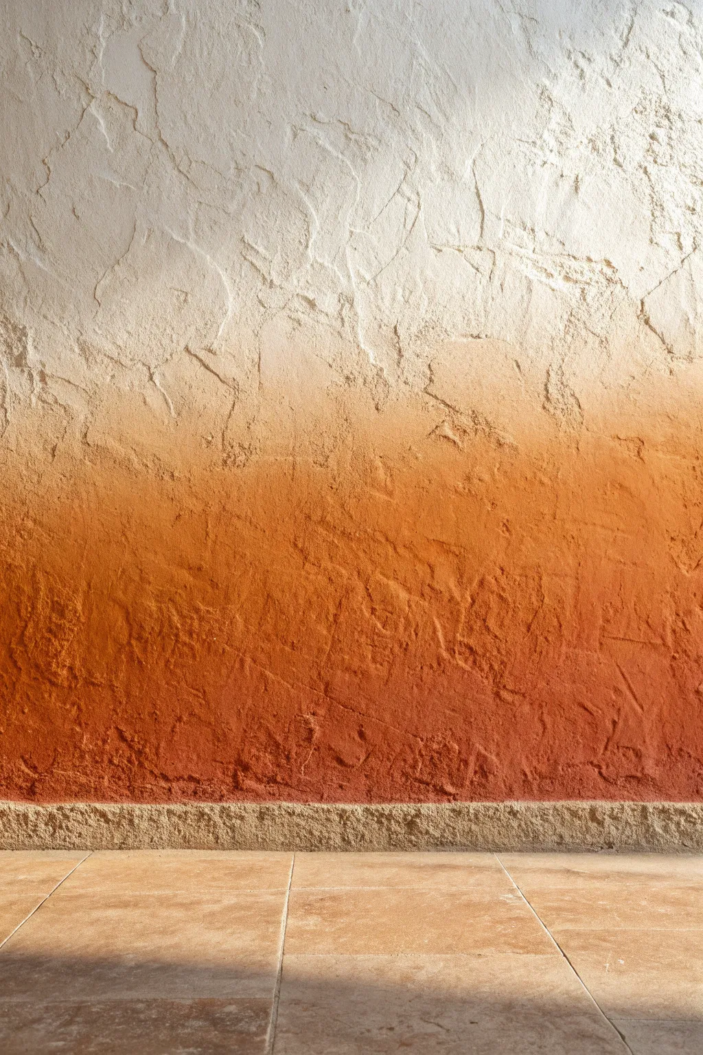 Textured ombre plaster wall fading from ivory to terracotta for artsy depth and calm minimal style