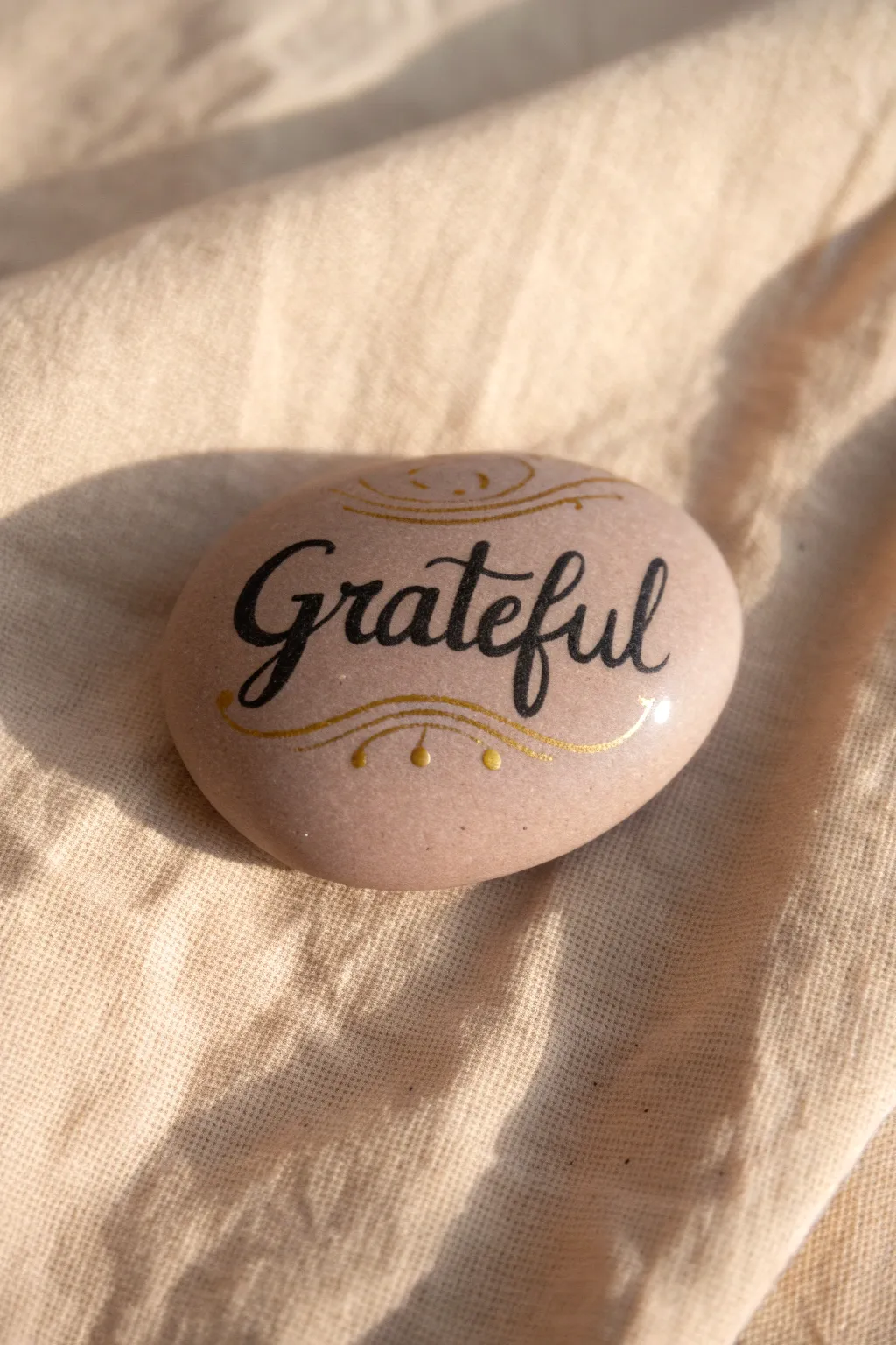 Cozy Thanksgiving painted rock idea: flowing Grateful script with delicate gold accents.