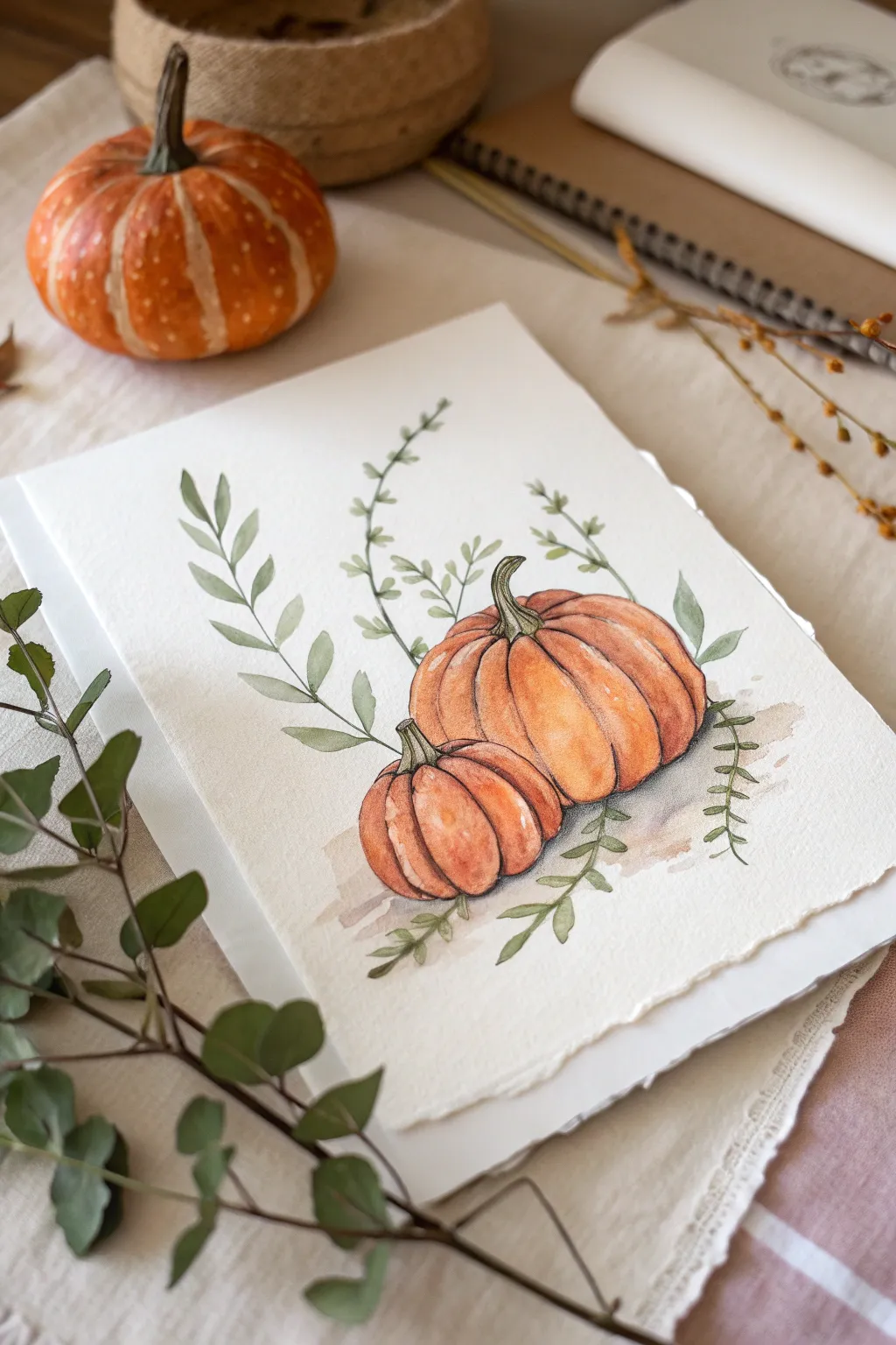 Easy one-brush pumpkin patch with sunset wash, minimalist boho vibes for Thanksgiving art