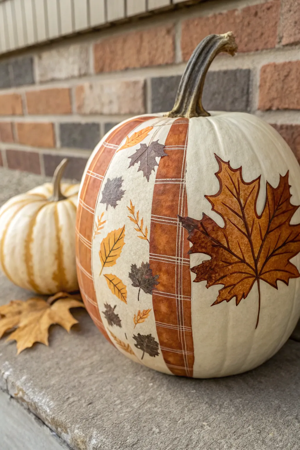 Half plaid, half fall leaves pumpkin with clean contrast and cozy minimalist boho style