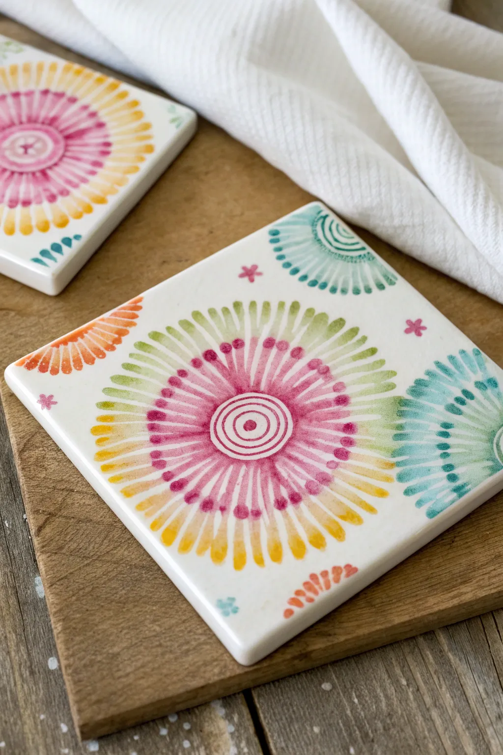 Soft marker tie-dye rings on a white tile, a simple boho craft moment in pastel light.