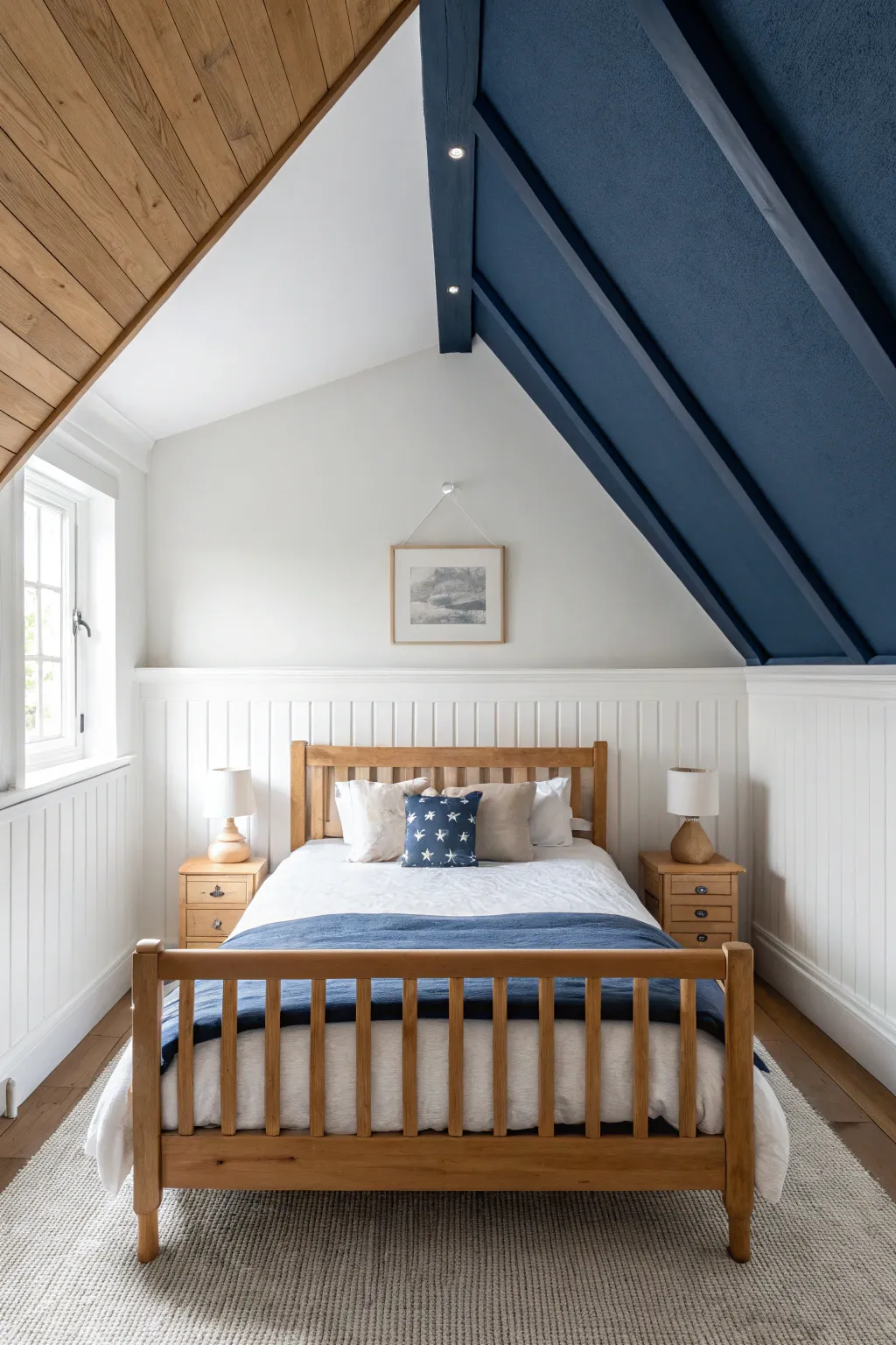 Deep navy ceiling over pale walls turns a simple toddler bed nook into a cozy little fort