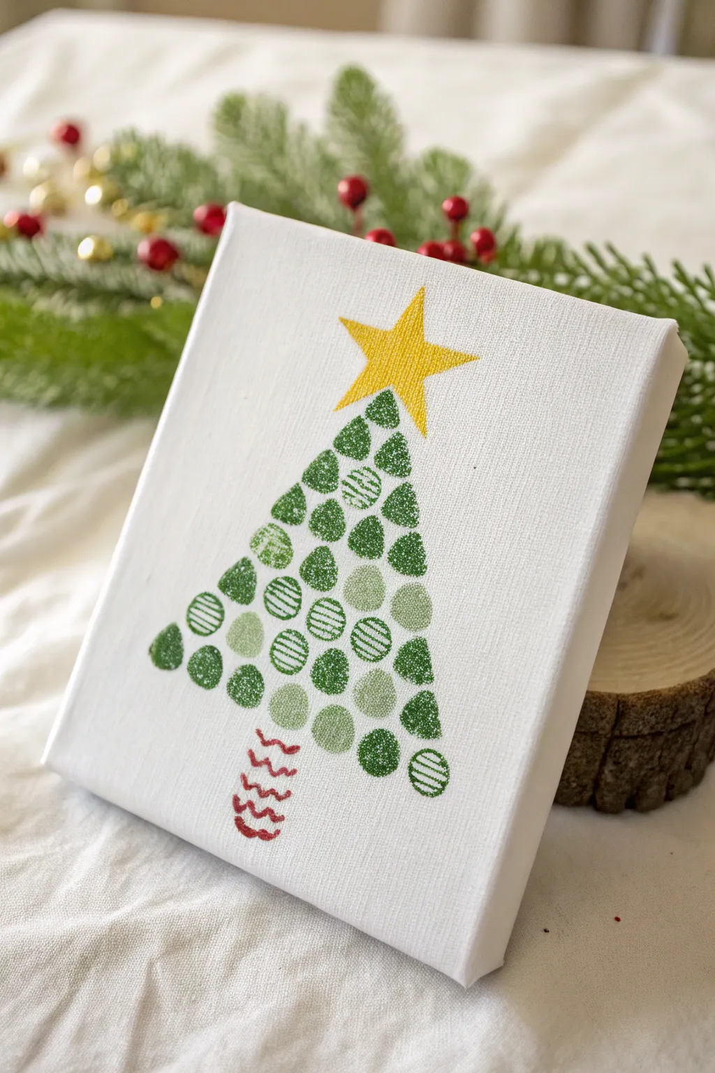 Toddler-friendly fork-stamped Christmas tree with a bright star and sweet fingerprint ornaments