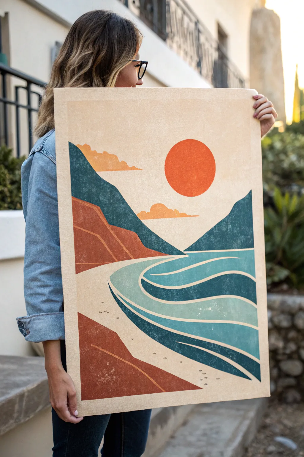 Reimagined vintage travel poster: bold sun, sea and cliffs in a clean Scandinavian boho palette.