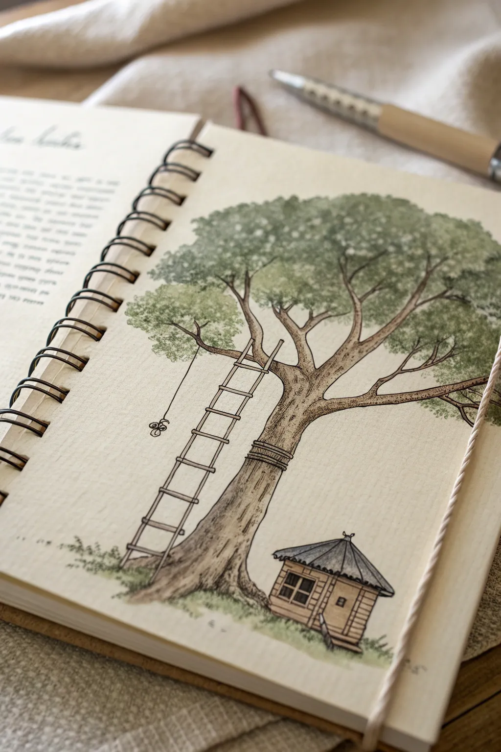 Cozy treehouse nestled in a leafy canopy, simple sketchy lines for easy tree drawing inspiration