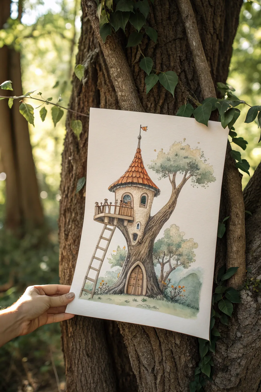 Sketch a fantasy turret tree house with vines and bold lines for a cozy storybook vibe