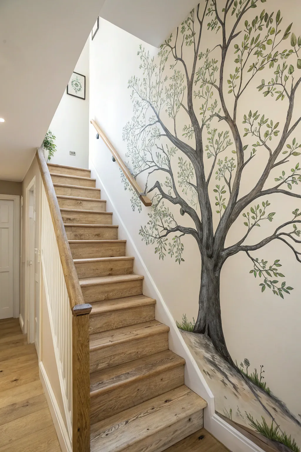 A tree mural climbs the stairwell, branching with each step in calm Scandinavian-boho style.