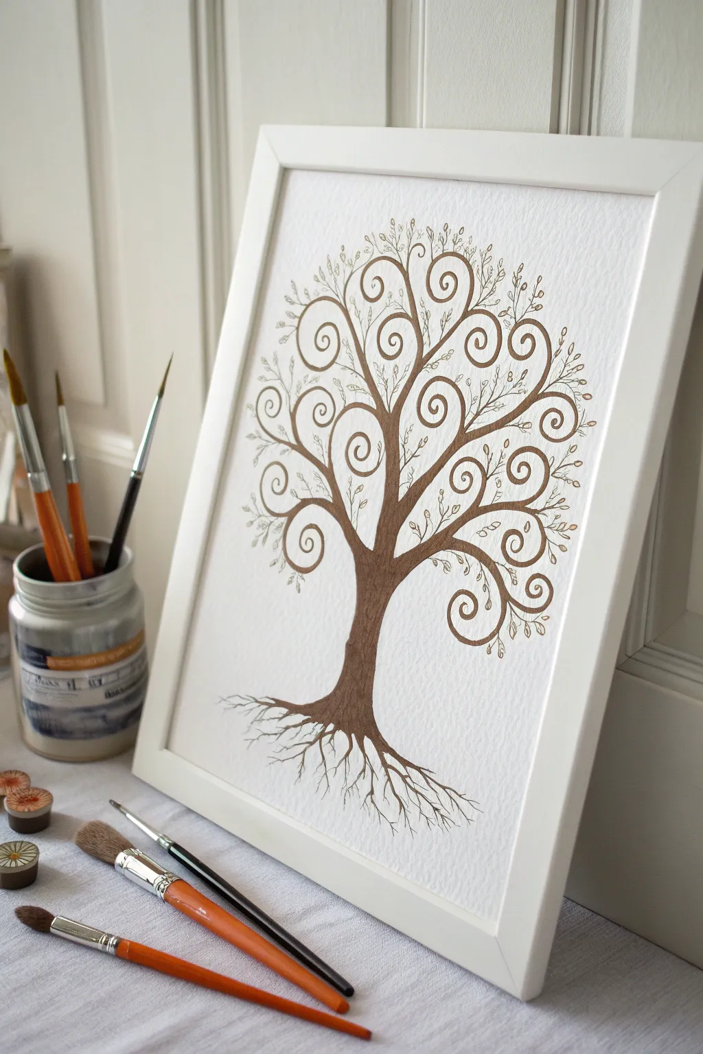 Minimalist Tree of Life with spiral branches and roots, calm neutrals with one terracotta pop