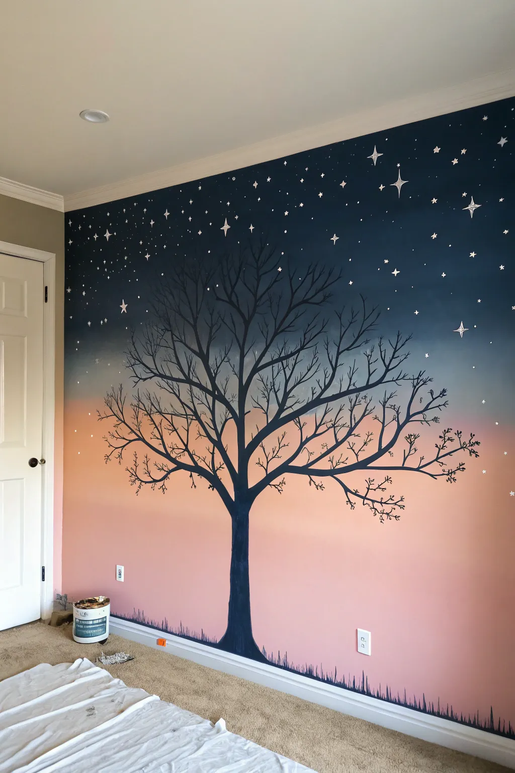 Dreamy ombre dusk-to-dawn wall with a bold tree silhouette and subtle star speckles