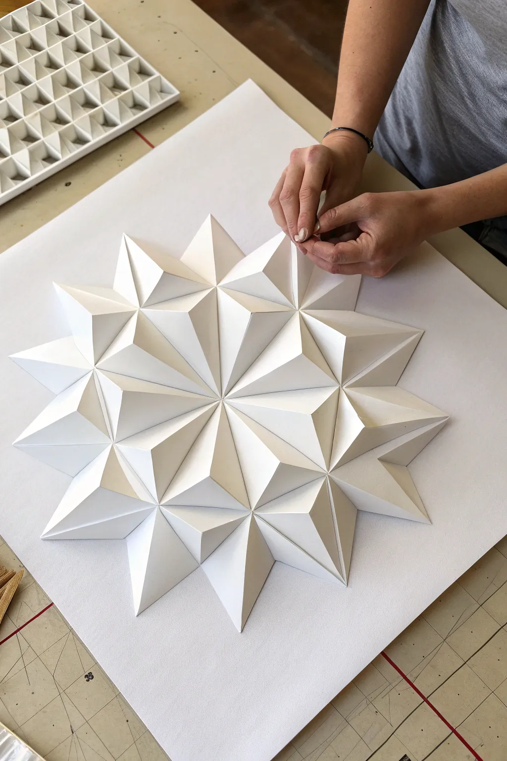 Minimal 3D triangle prism pop-up paper art with crisp shadows and clean Scandinavian style