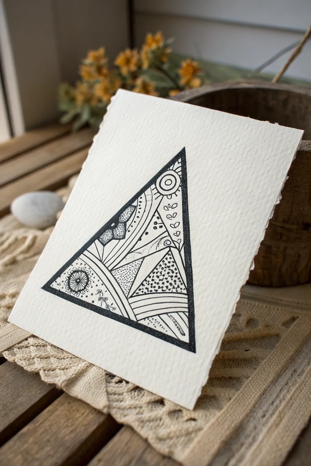 Bold triangle zentangle: crisp outline, delicate textures, minimalist boho contrast.