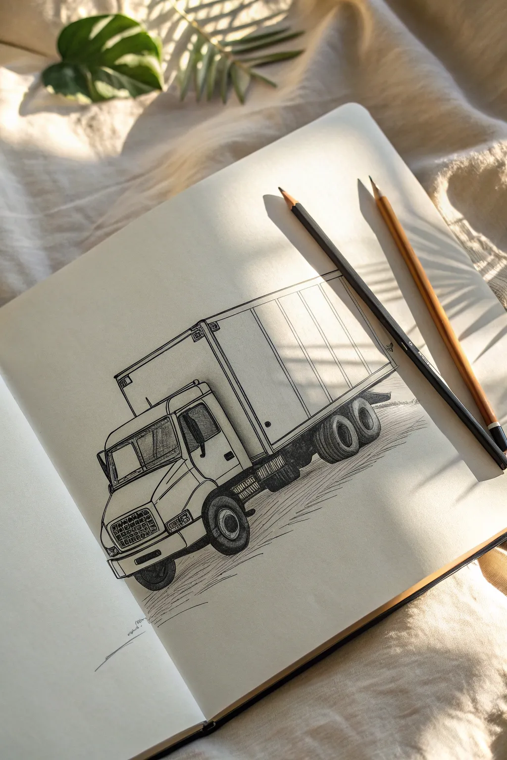 Clean one-point box truck sketch with bold shadow blocks for a crisp, believable volume