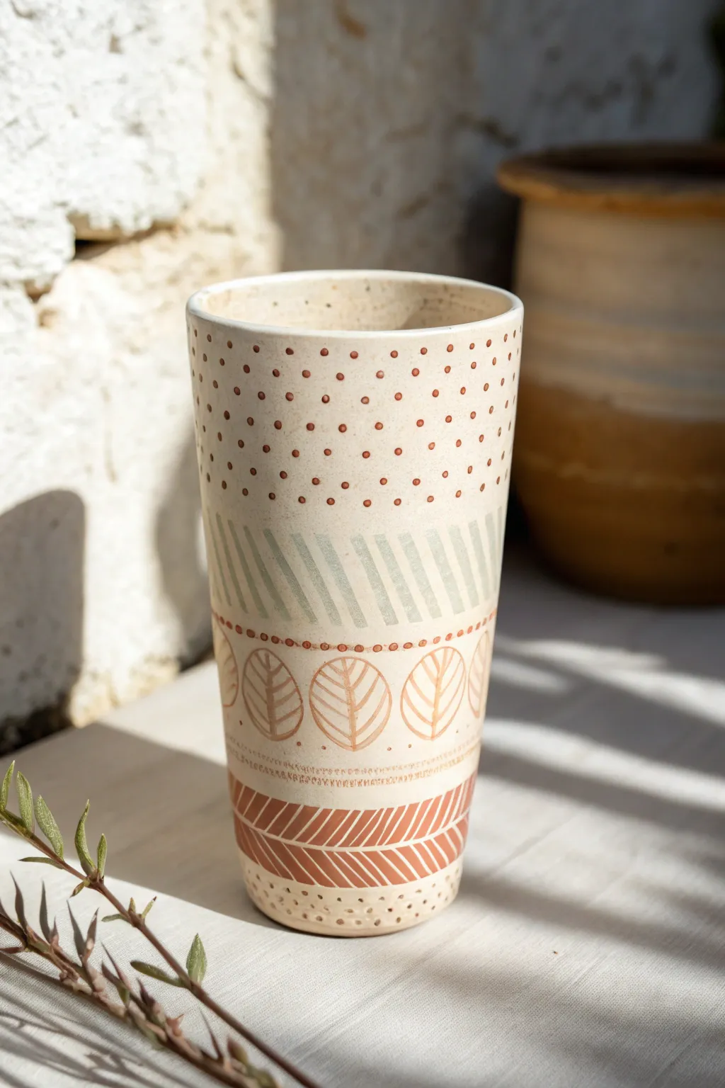 Textured tumbler painting idea: raised dots and lines catching soft side light for depth