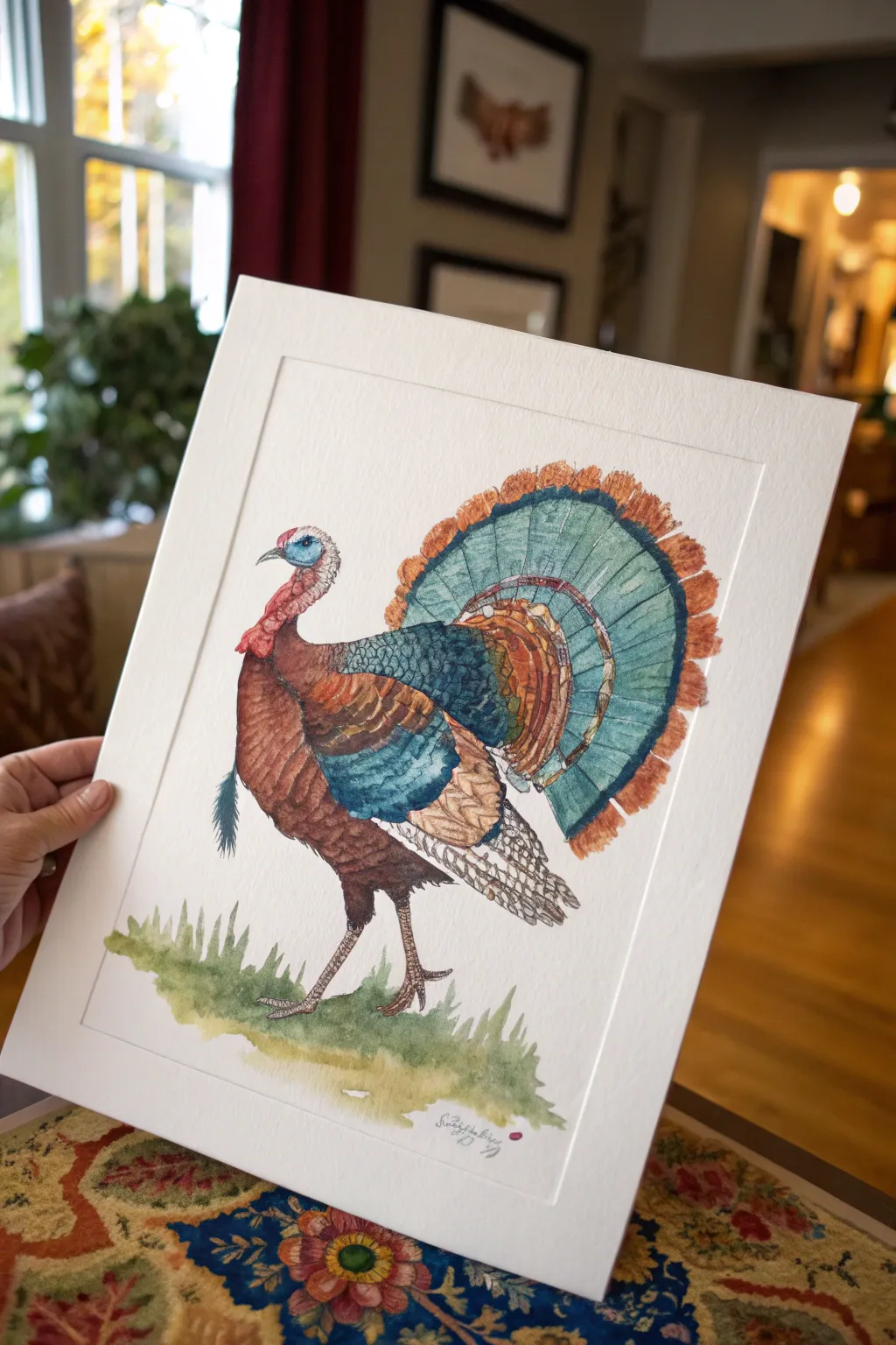 Minimalist marbled-feather turkey painting with bold swirl fan and simple brown body