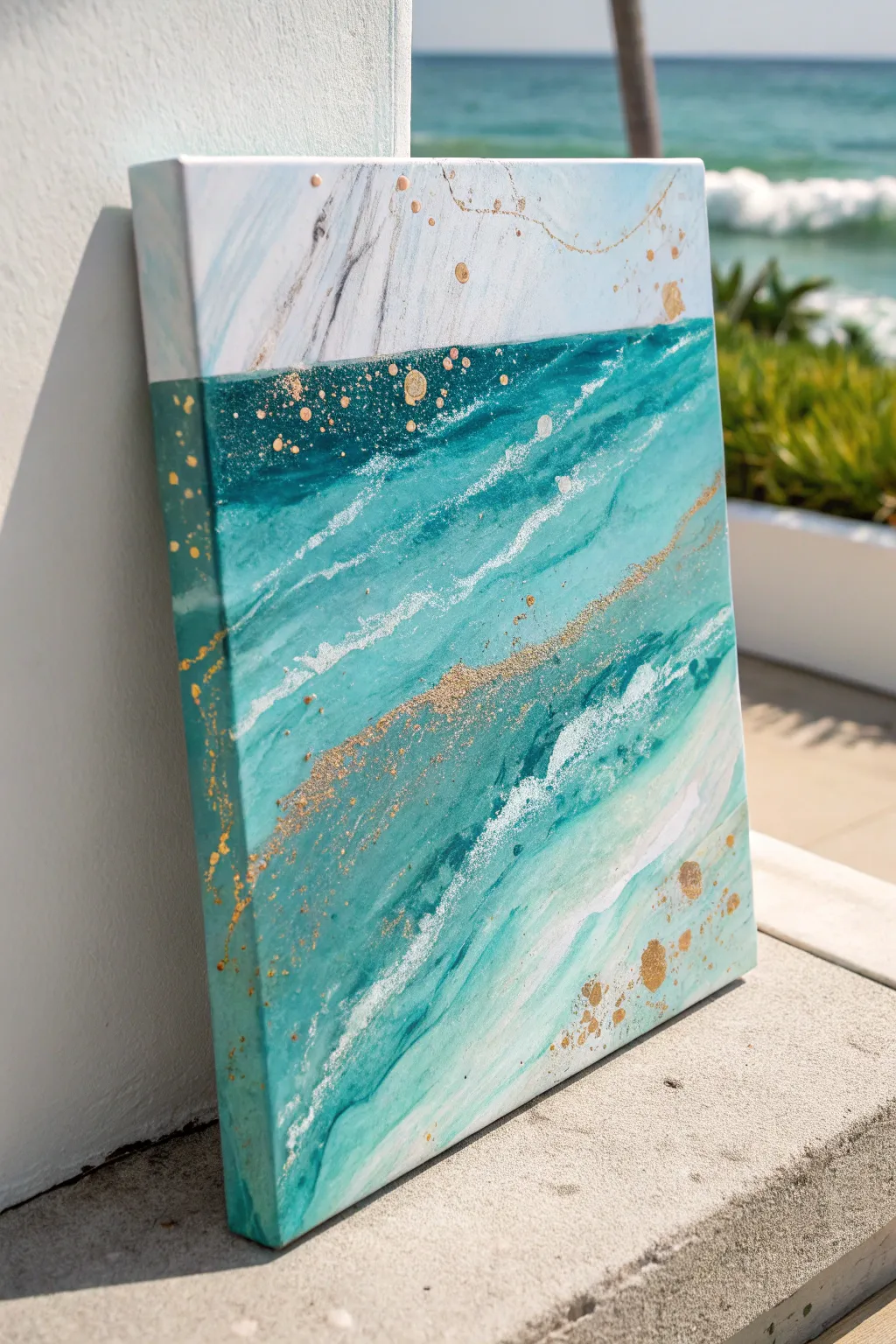 Turquoise layers with subtle metallic accents for a luxe, airy abstract with oceanic calm
