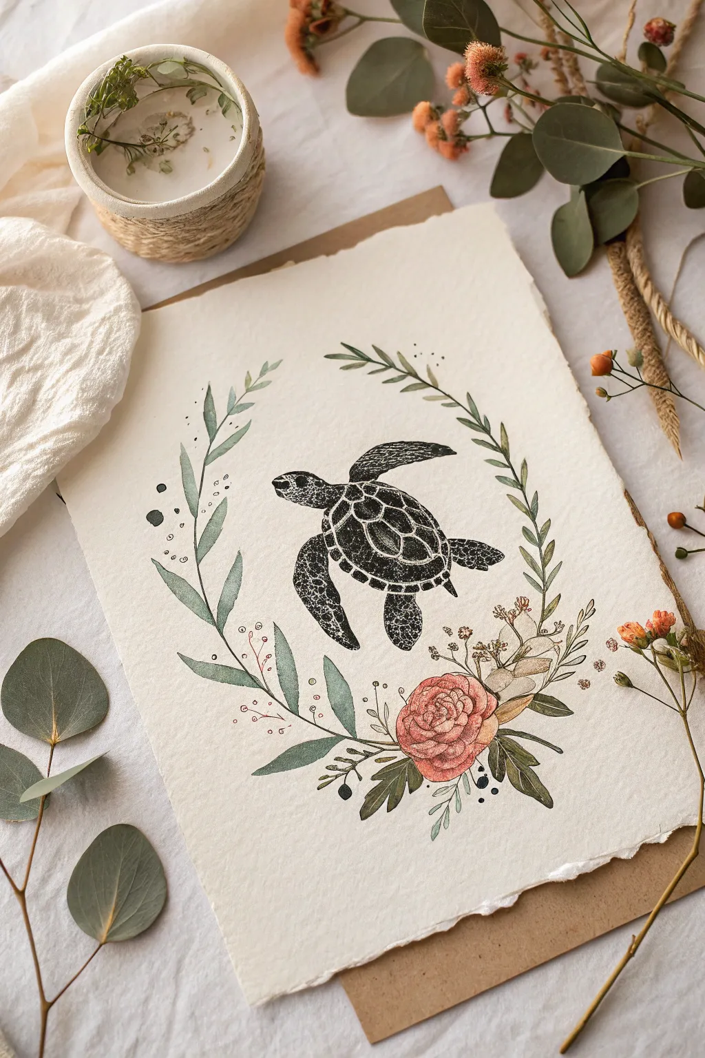 Minimalist turtle drawing framed by delicate boho flowers and leaves, high-contrast and calming