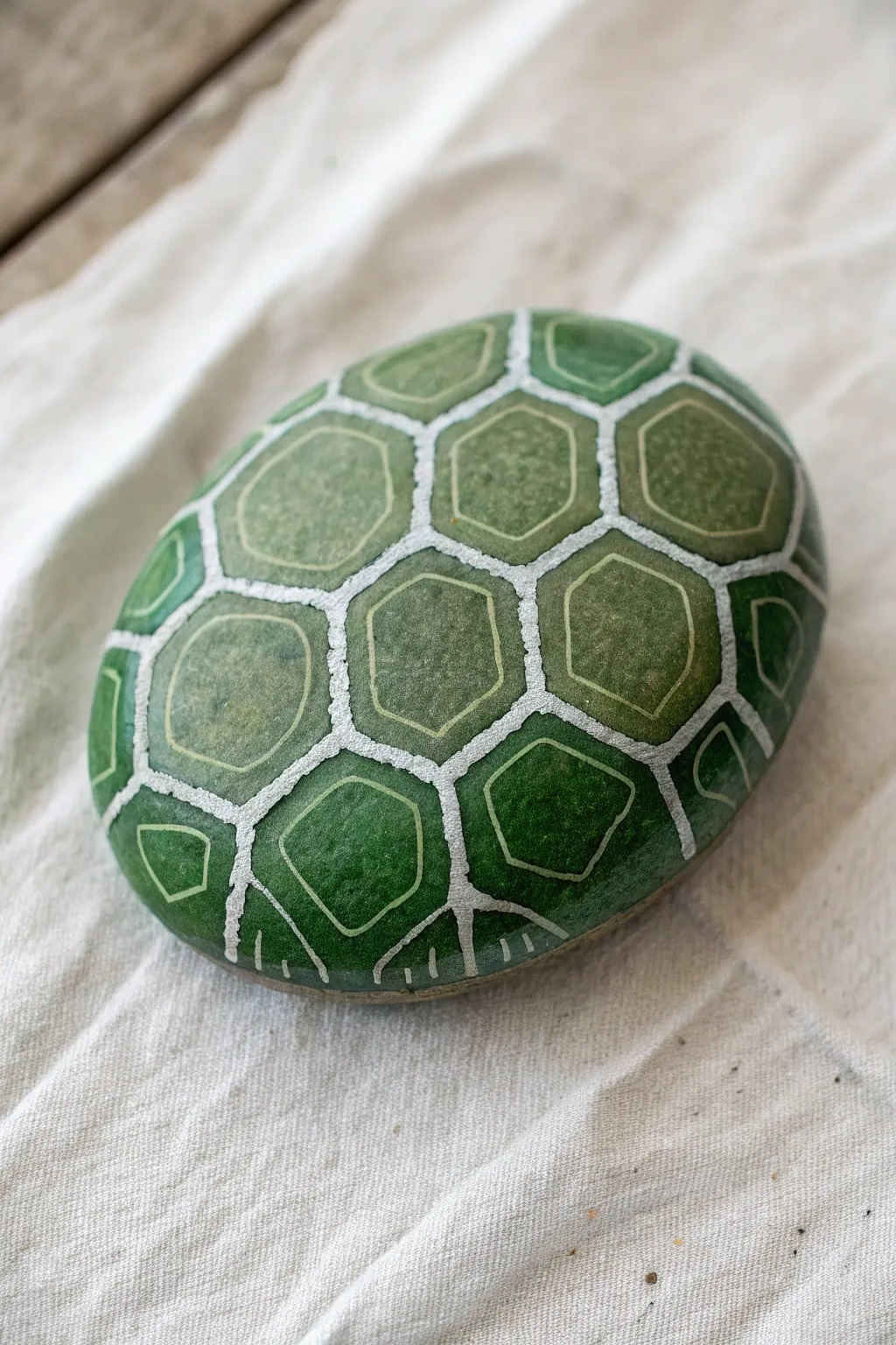 Geometric hexagon shell turtle rock in layered greens for a calm, modern boho look