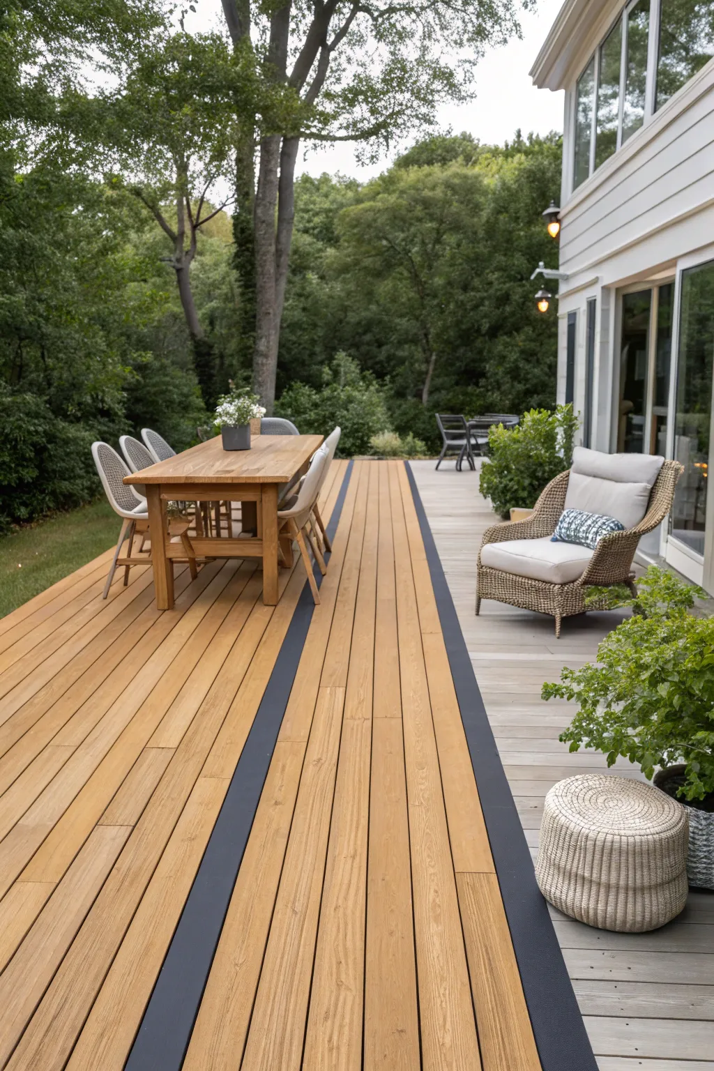 Two-tone deck stain line defines dining and lounging zones with clean Scandinavian contrast