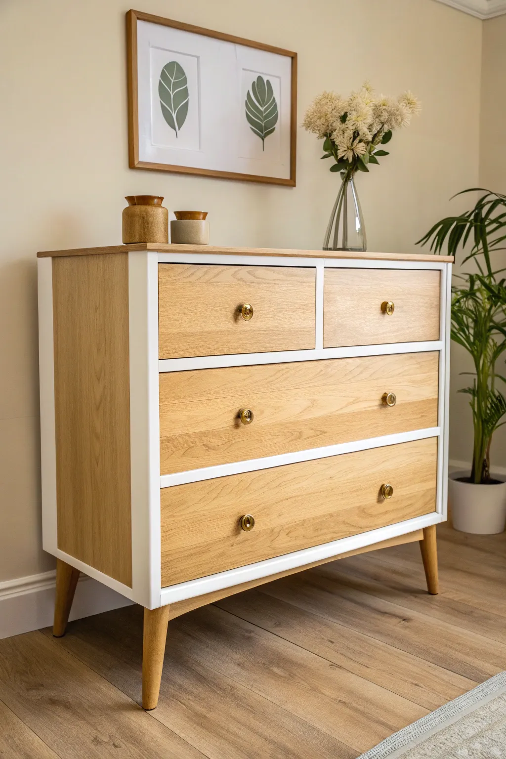 Clean framed two-tone dresser front with matte paint border and natural wood center