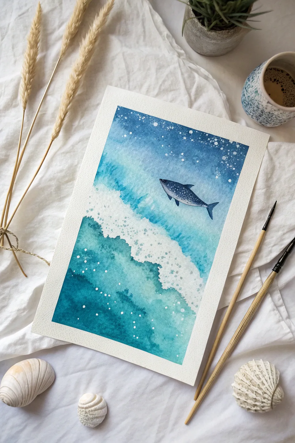 Easy under the sea watercolor wash with salt sparkle texture and a simple fish silhouette