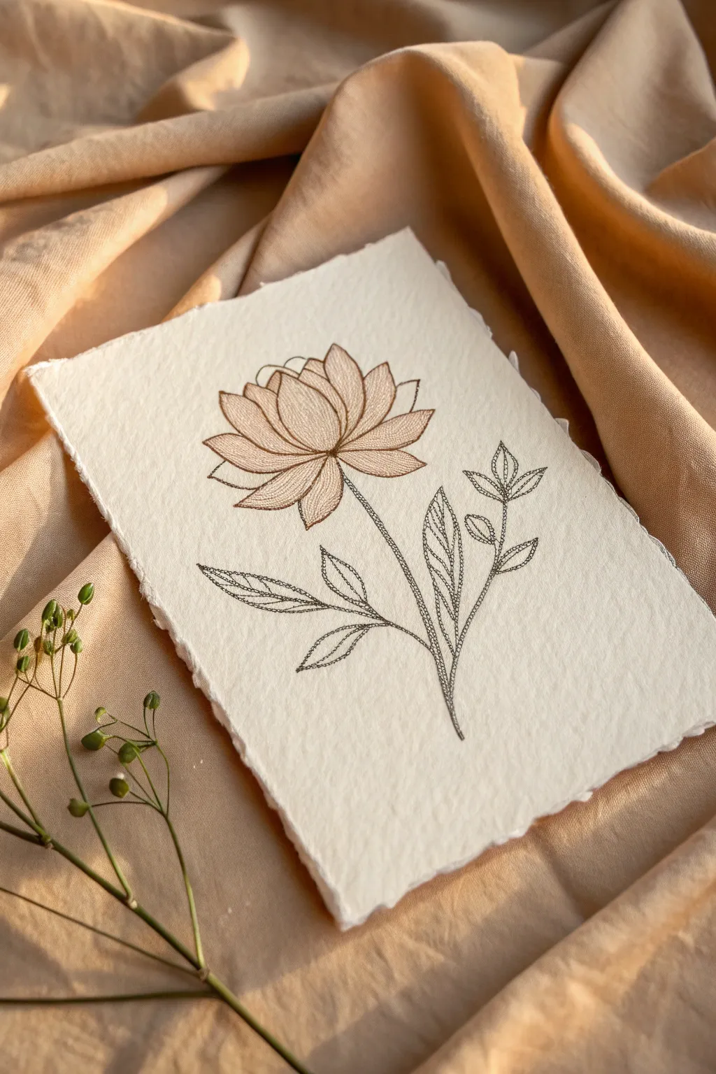 Minimalist floral sketch elevated with delicate paper embroidery for a tactile, one-of-a-kind detail
