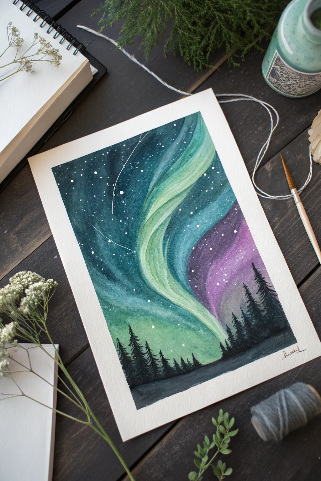 Paint teal and violet aurora ribbons over deep space for a calming, minimalist universe artwork idea