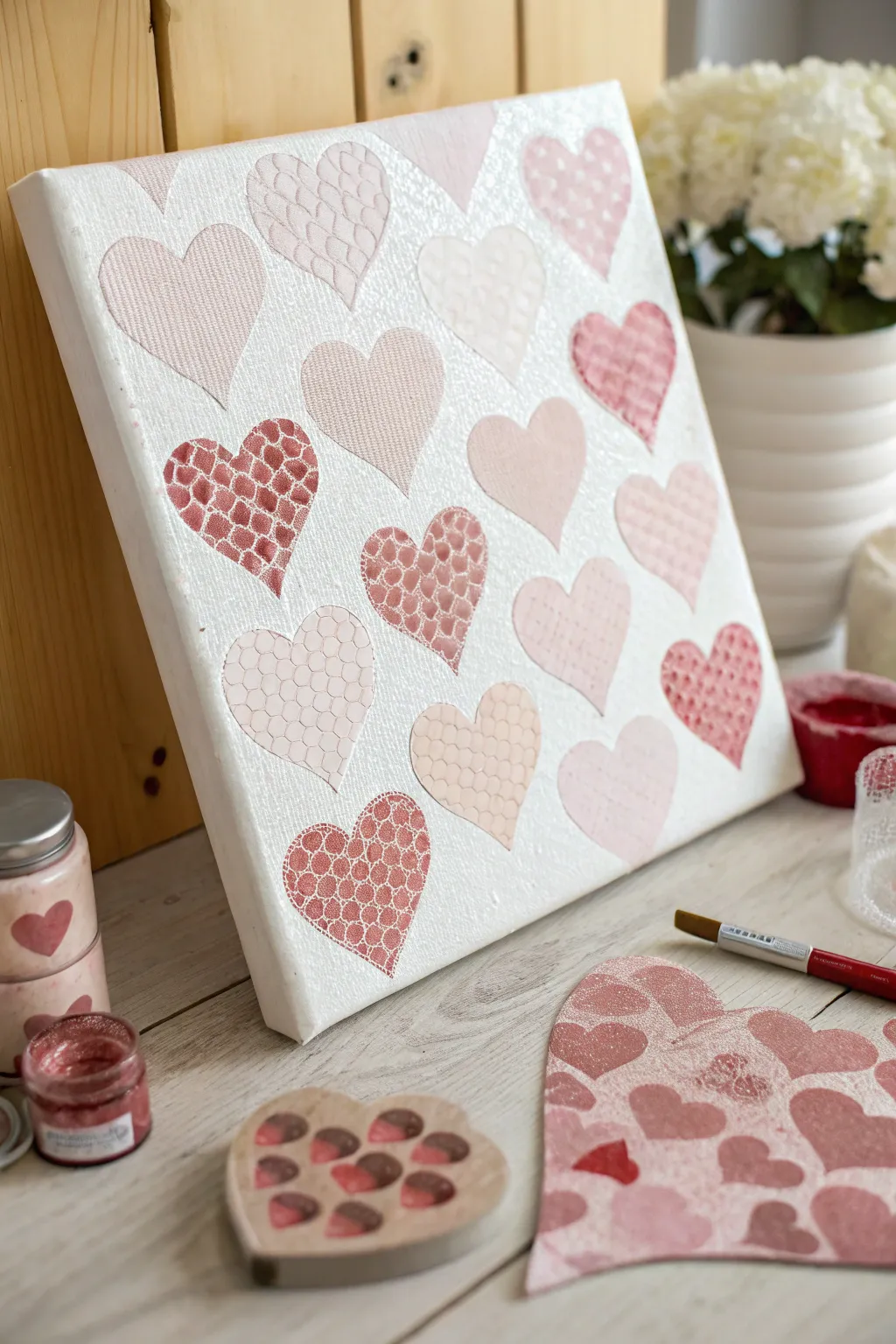 Bubble wrap stamped hearts on a clean canvas, playful texture for a cozy Valentine paint night