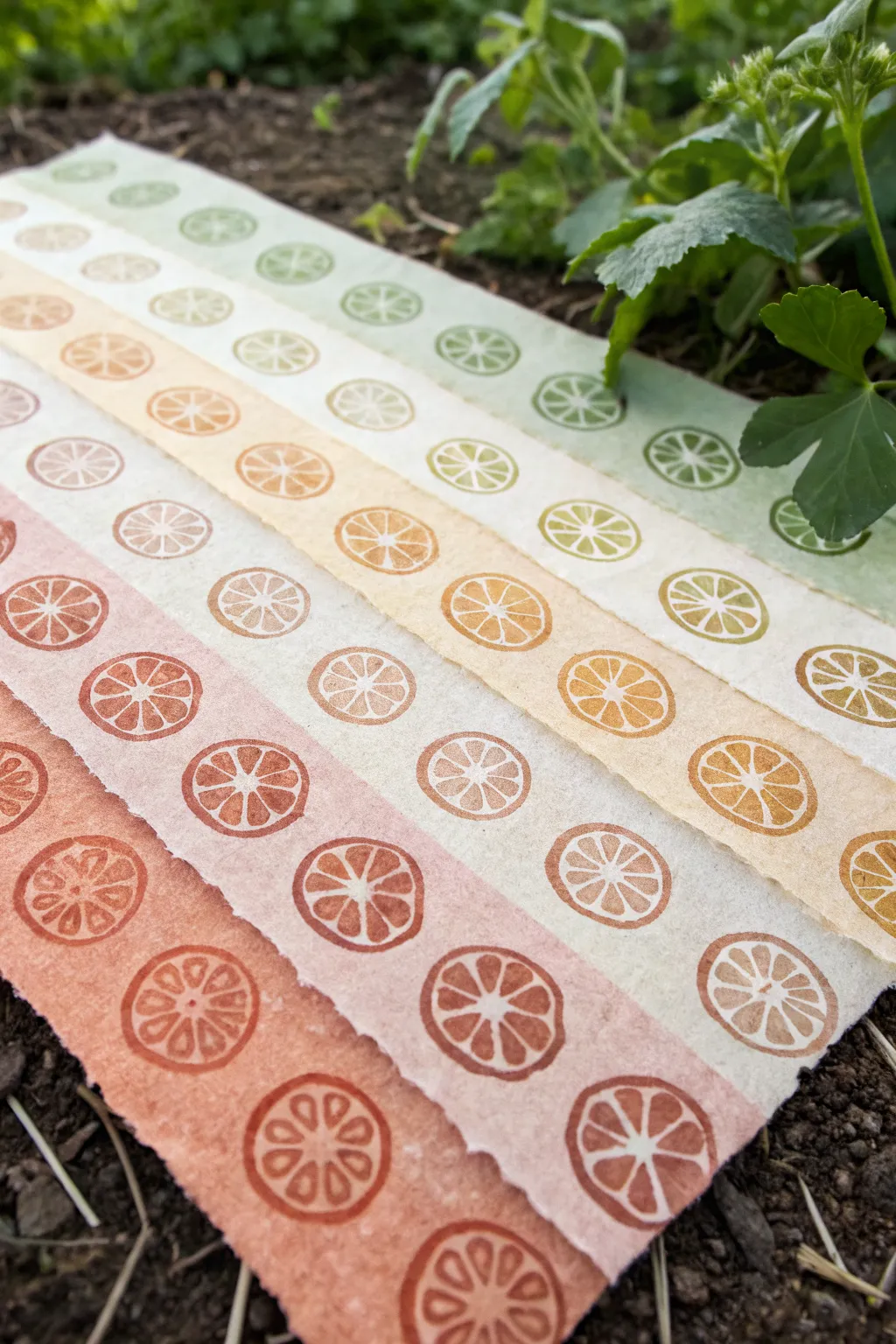 Layer okra stamps from pale to deep terracotta for a clean, calming ombre vegetable field.