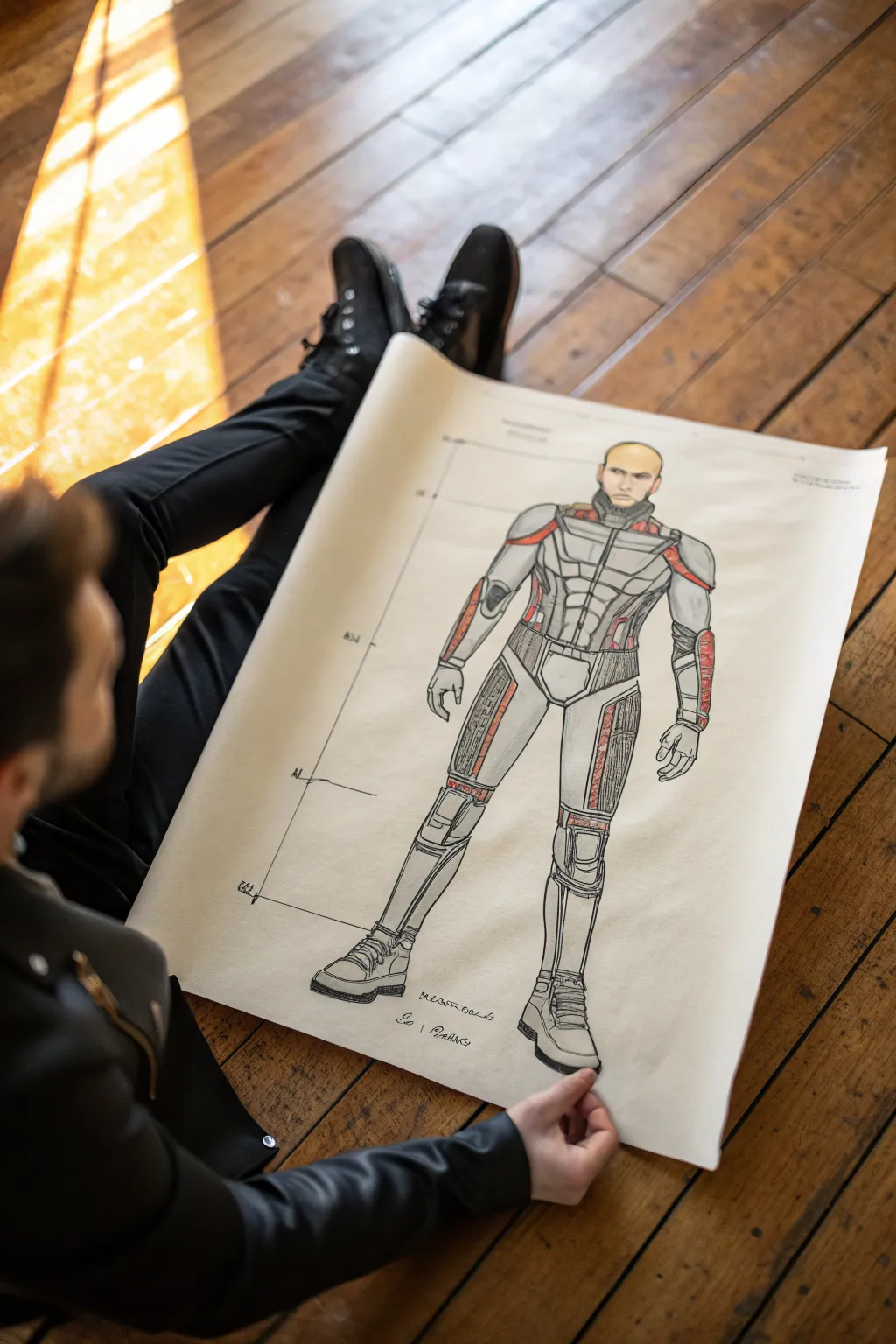 Sketch a Neon Tech overlord exosuit with dark layers and crisp neon joint accents.