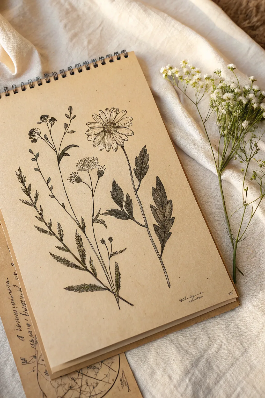 Vintage botanical plate on parchment, clean ink lines and empty label callouts for inspiration