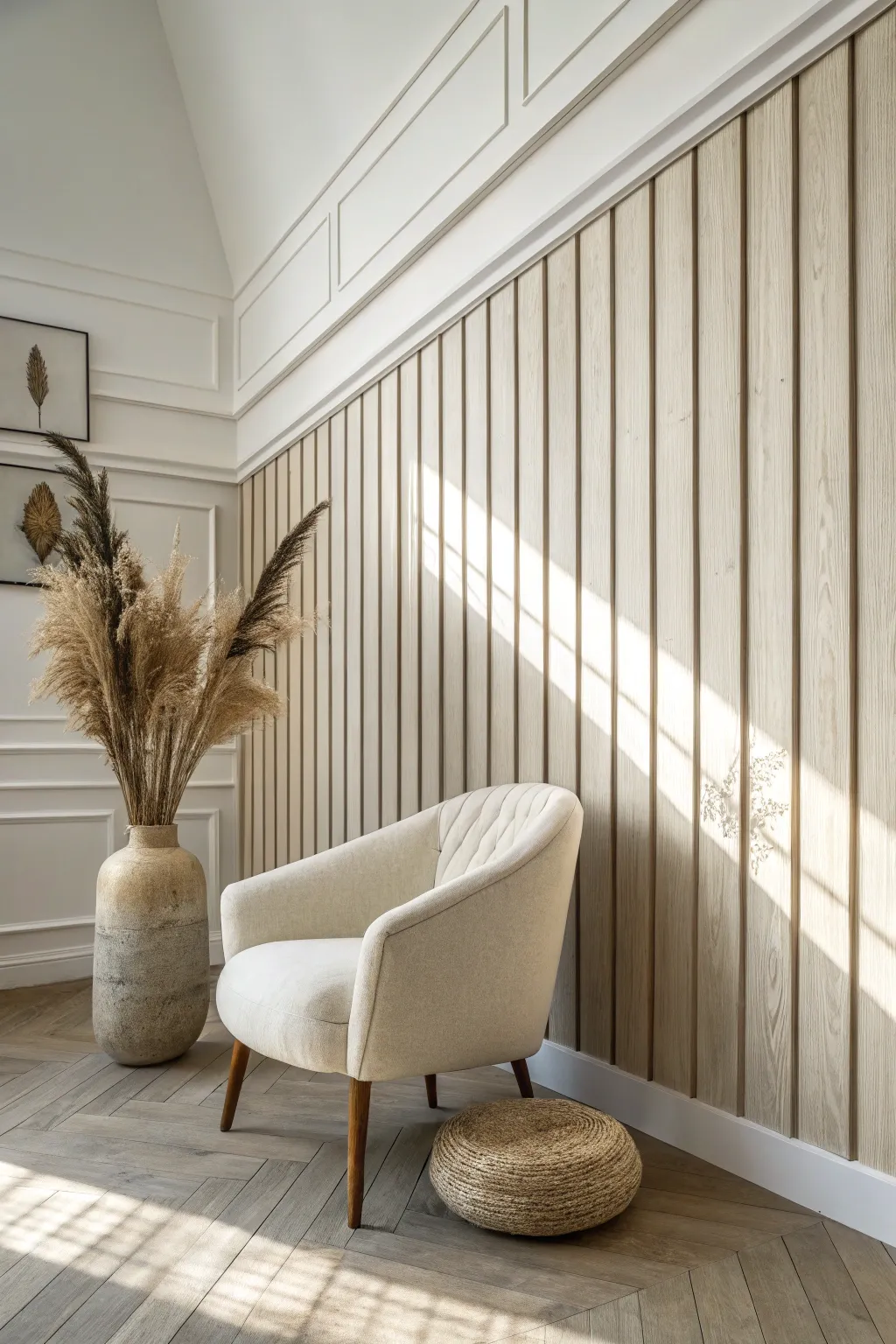 Widen your room with sleek horizontal wainscoting for a modern Scandi boho vibe.