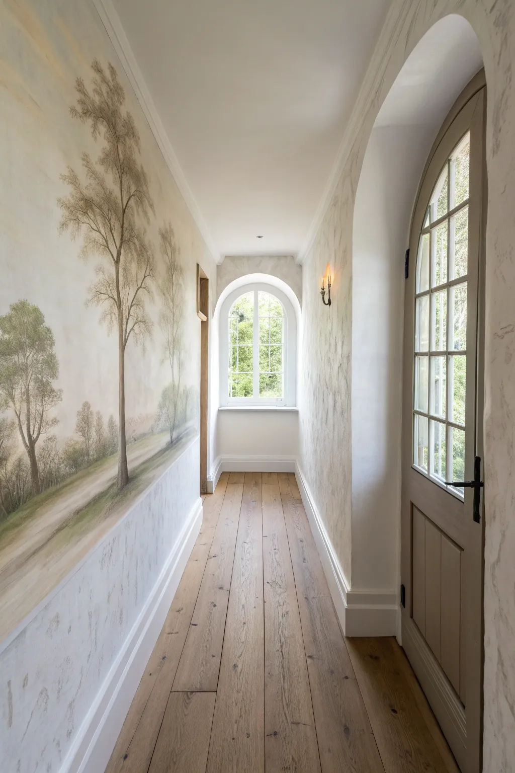 Trompe Loeil arch mural makes a narrow room feel like it opens into a sunlit niche