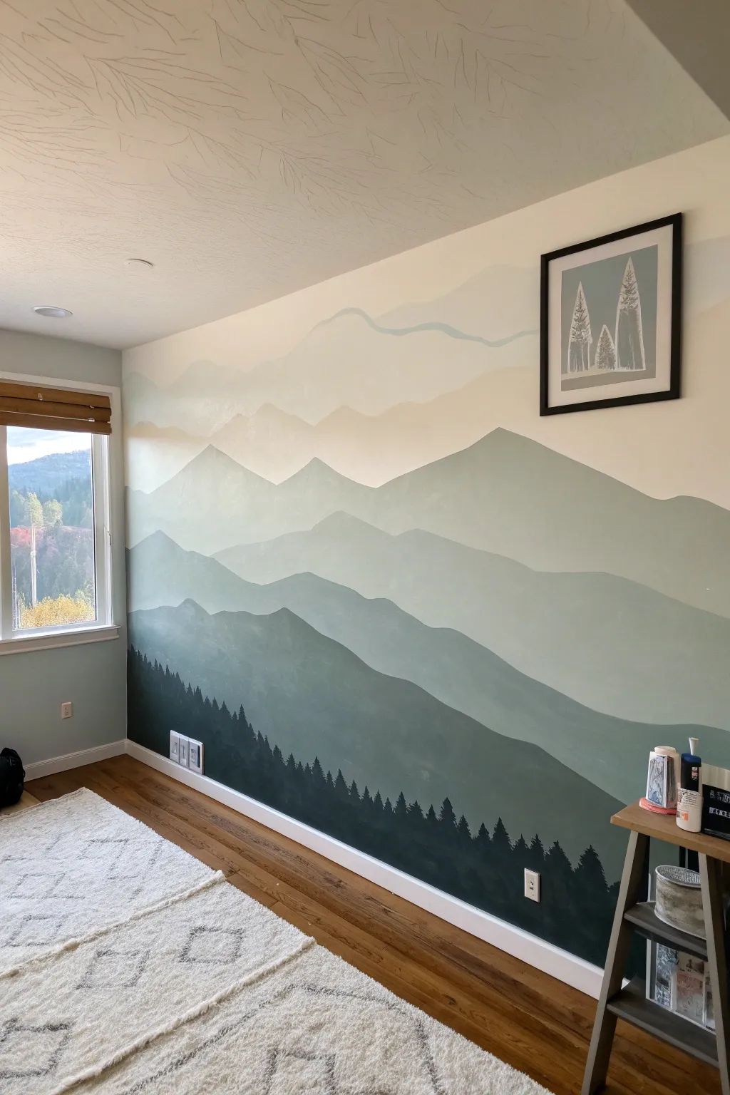 DIY mountain silhouette mural with soft layered tones and visible sketch lines for calm Nordic boho vibes