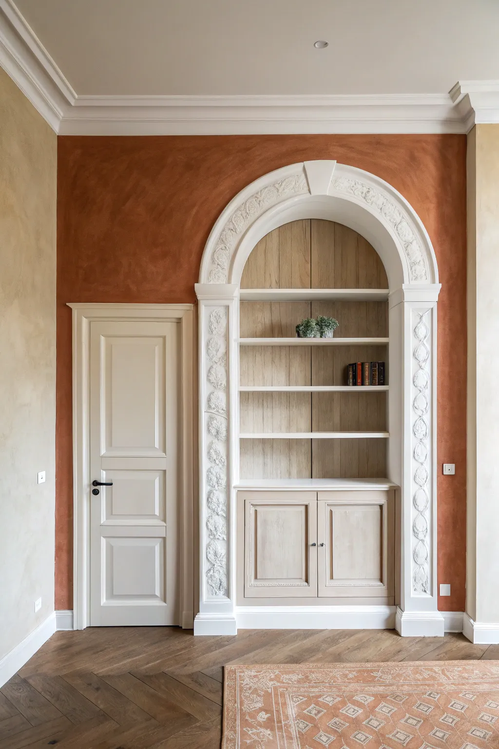 Arched trompe loeil wall painting that creates airy depth with a calm Scandinavian boho feel.