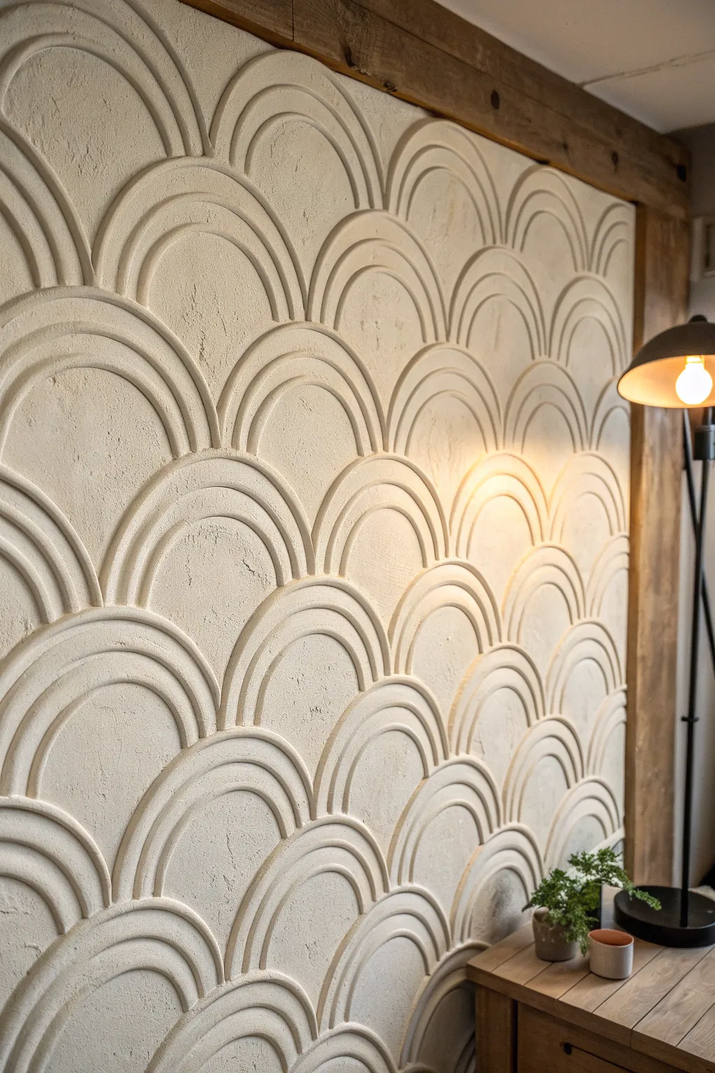 Hand-sculpted plaster relief arches lit by a side spotlight for calm, dramatic shadow play