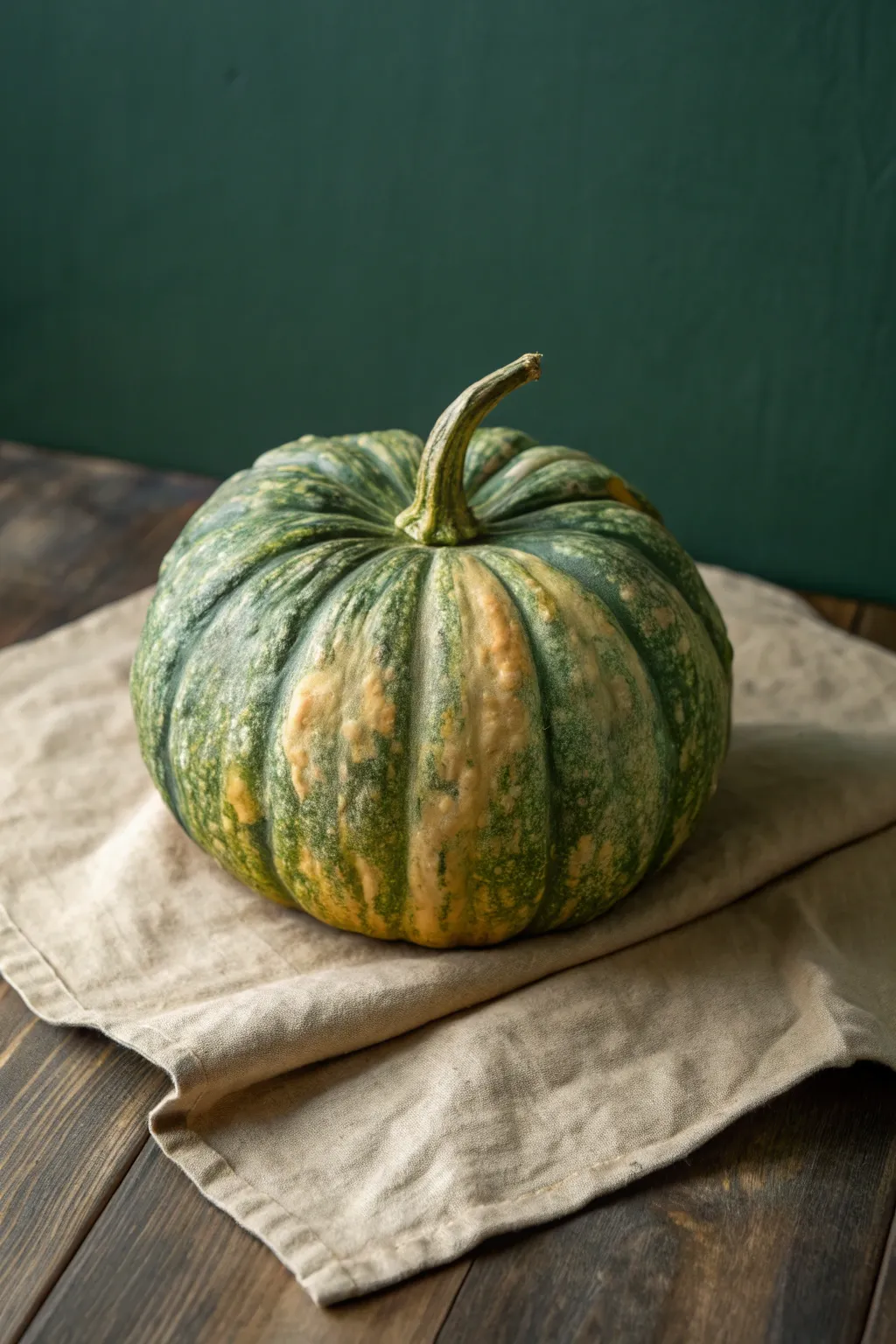 Poison-green warty pumpkin with shadowed texture pools, minimalist moody light and bold contrast