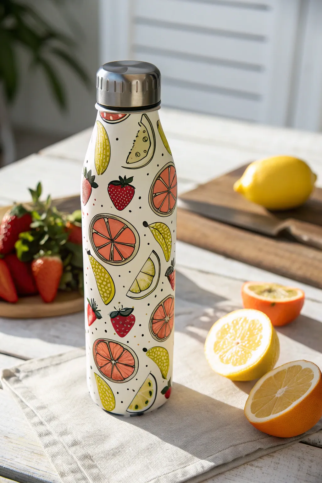 Pop art fruit pattern water bottle painting idea with bold outlines and fresh, minimalist styling