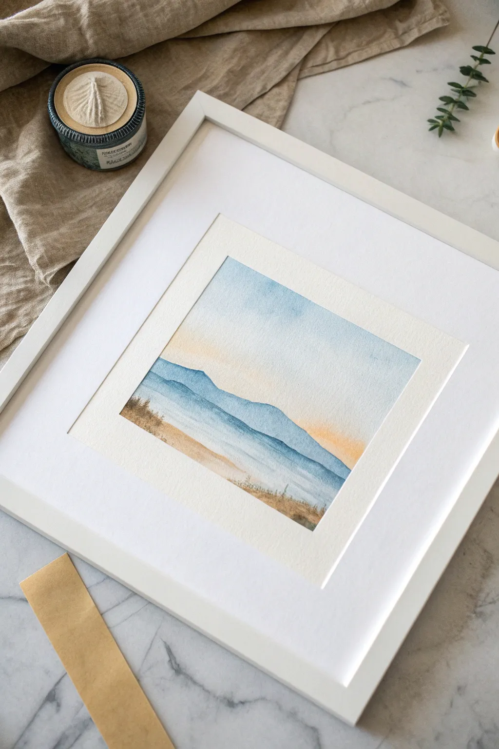 Satisfying masking tape reveal: a clean white frame and perfectly crisp watercolor edges
