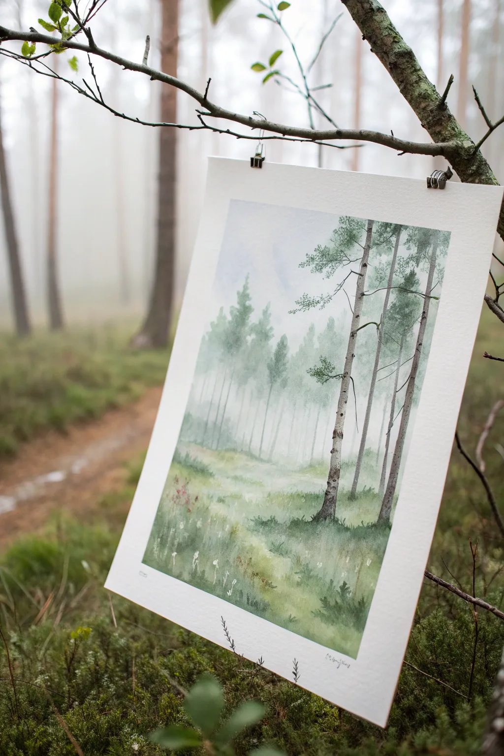 Loose wet-into-wet forest blooms in layered greens, finished with crisp branch marks