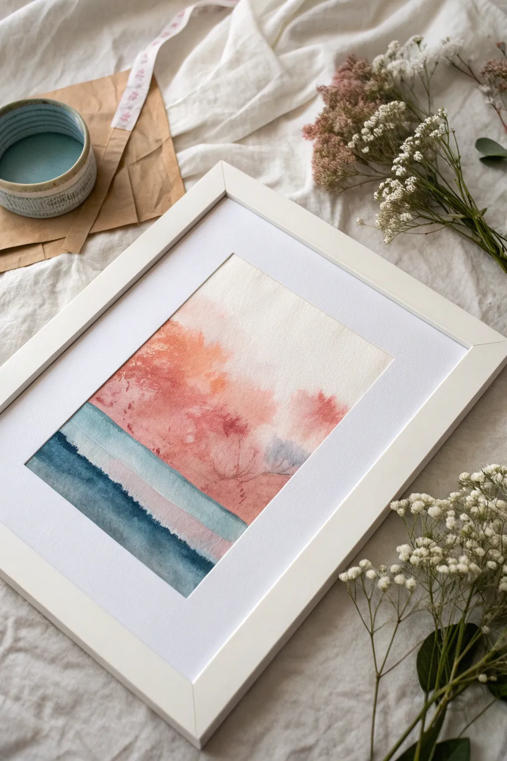 Abstract watercolor wash framed by masking tape, with one corner peeled for a crisp edge reveal.