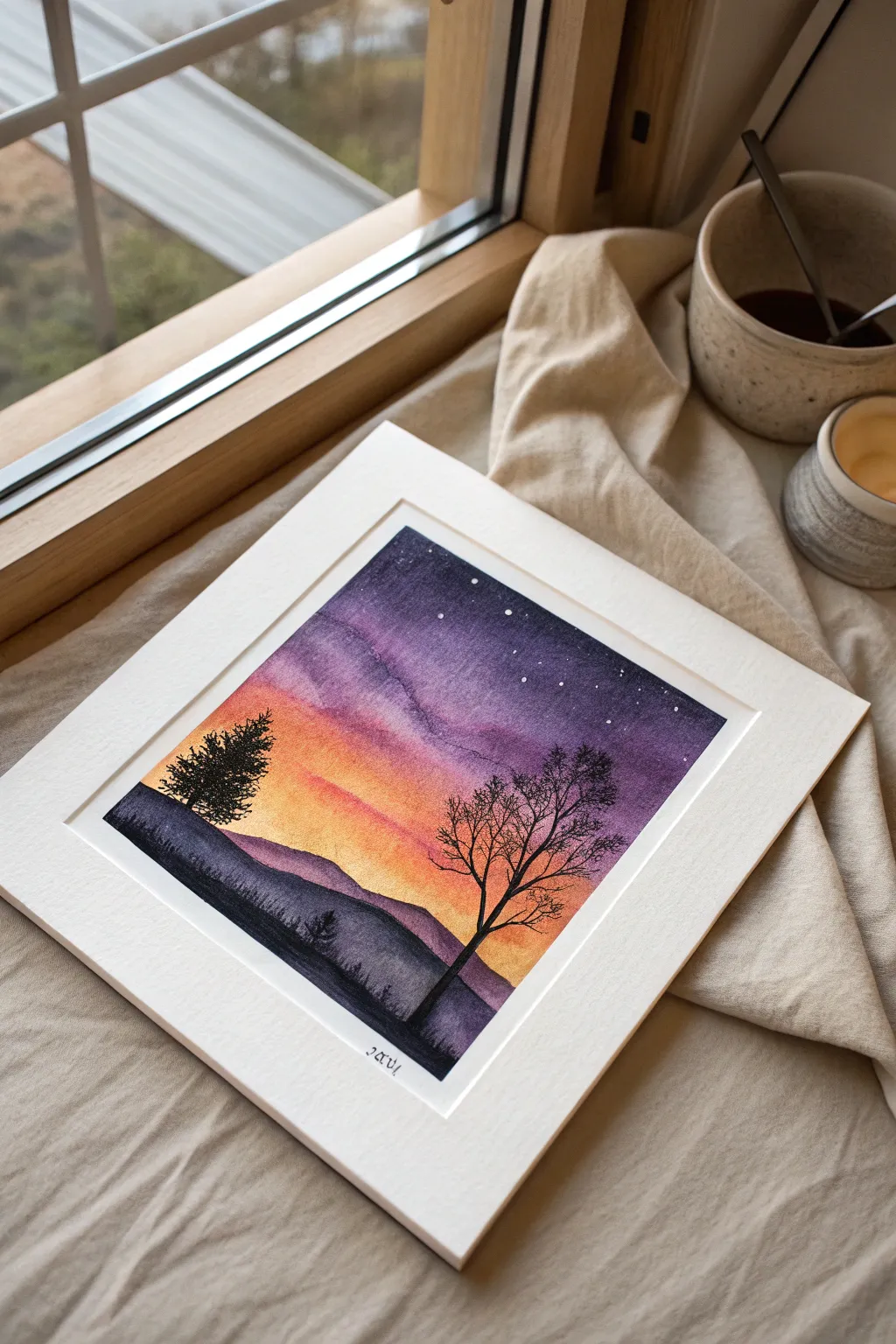 Violet-to-orange sunset wash with bold silhouetted hills for a dramatic watercolor practice