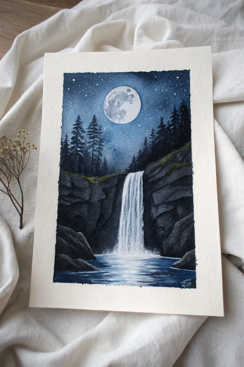 Moonlit waterfall painting idea with silver highlights, dark landscape contrast, and rippled reflection