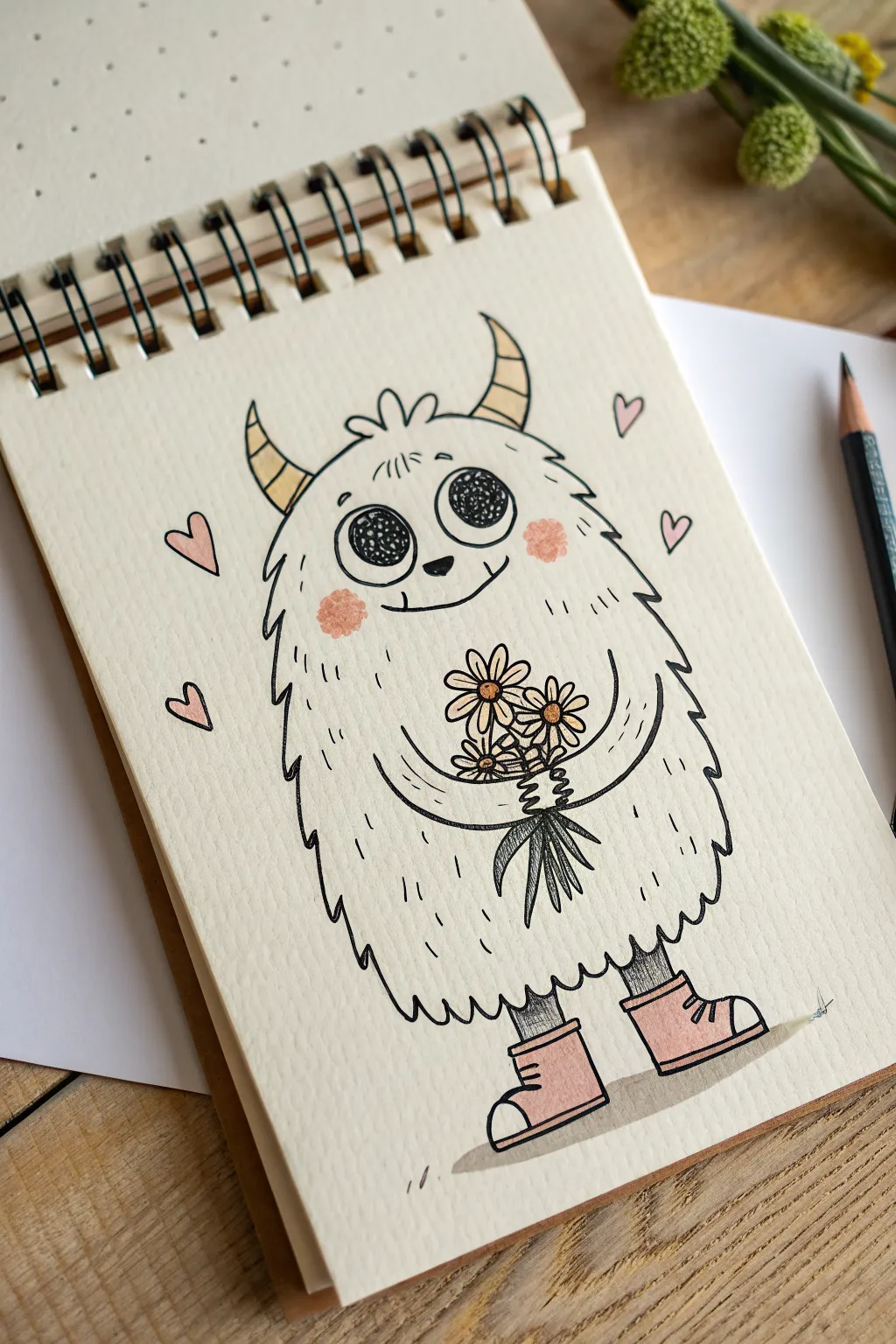 Friendly fluffy monster doodle with bold lines and soft boho pastels for whimsical sketching