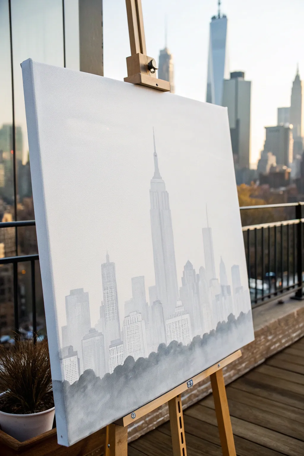Soft foggy city silhouettes in whites and grays, a calm minimalist canvas idea for beginners