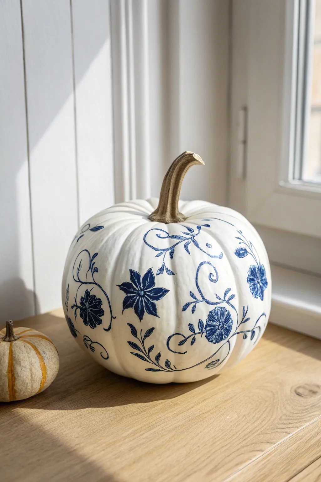 Porcelain inspired cobalt florals on a white pumpkin for a crisp Scandinavian boho centerpiece