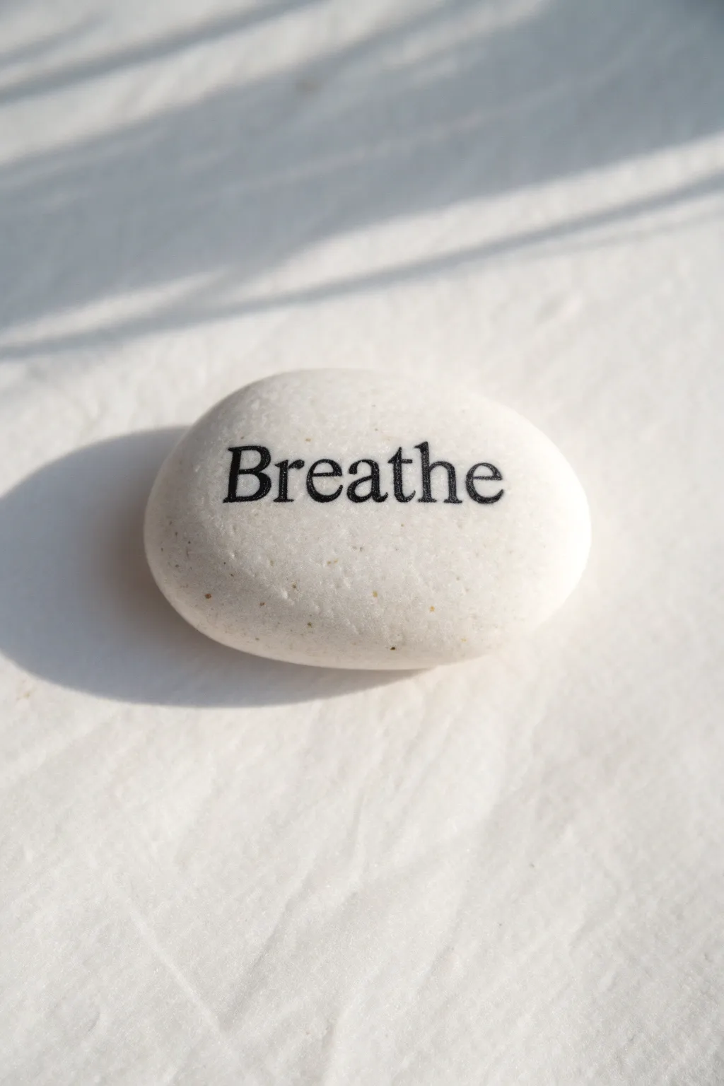 Minimal white rock with a tiny black hand-lettered word, floating in calm negative space.