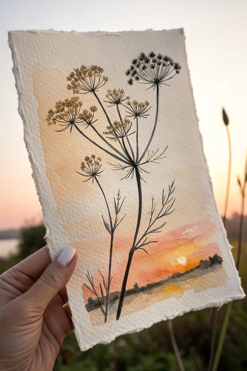 Backlit wildflower silhouette with a soft sky wash and glowing edges for bold contrast