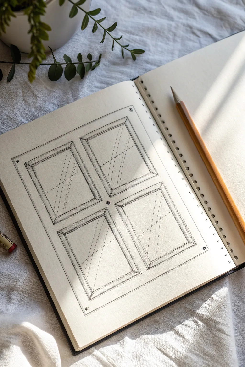 Classic four pane window sketch on crisp paper with soft shading, pencil and eraser for studio calm