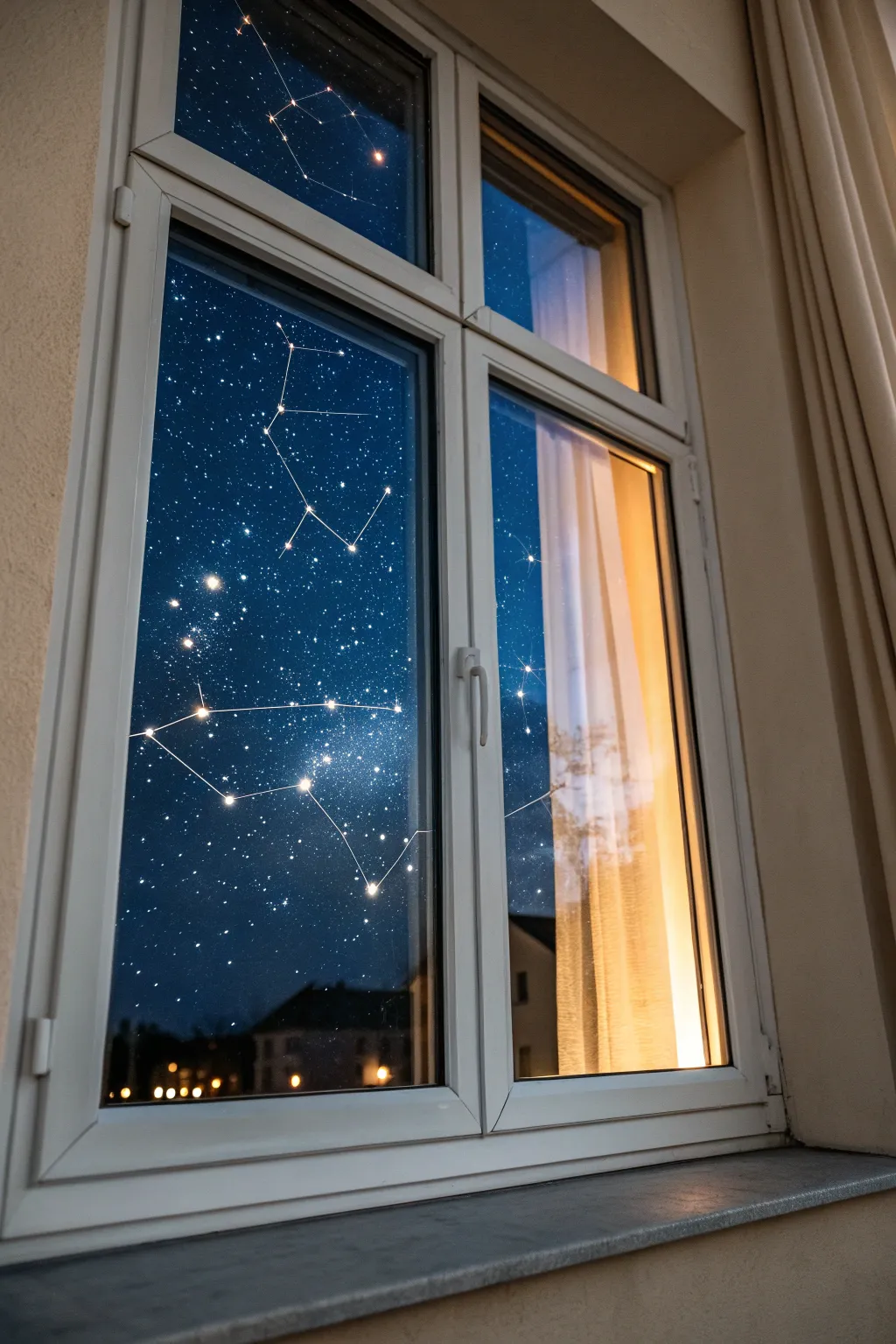 Dusk-lit window glass painted with ink constellations and star dots in a minimalist boho style